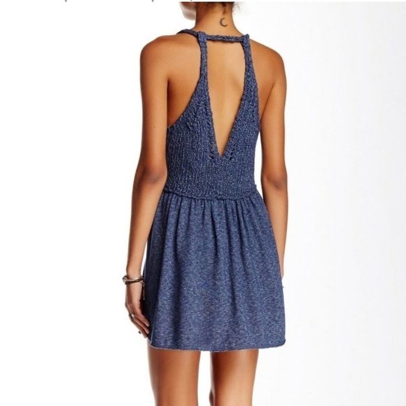 FREE PEOPLE l Mountain View Knit Open Back Tunic Dress Navy Bohemian Beach Sz. L - Picture 3 of 13